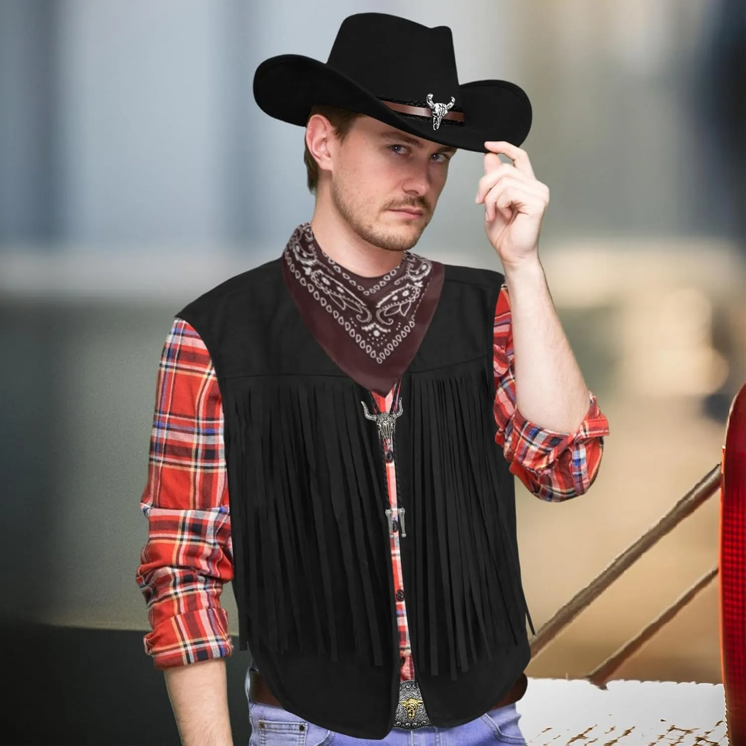 Western Cowboy Outfit Set for Men - Leather Vest with Tassels, Hat, Belt, Bandana, Necklace