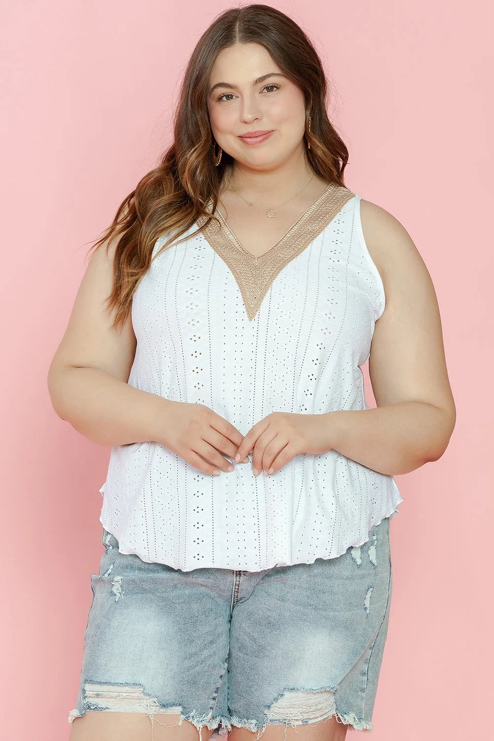 White Eyelet V-Neck Tank Top – Casual and Breezy Summer Staple