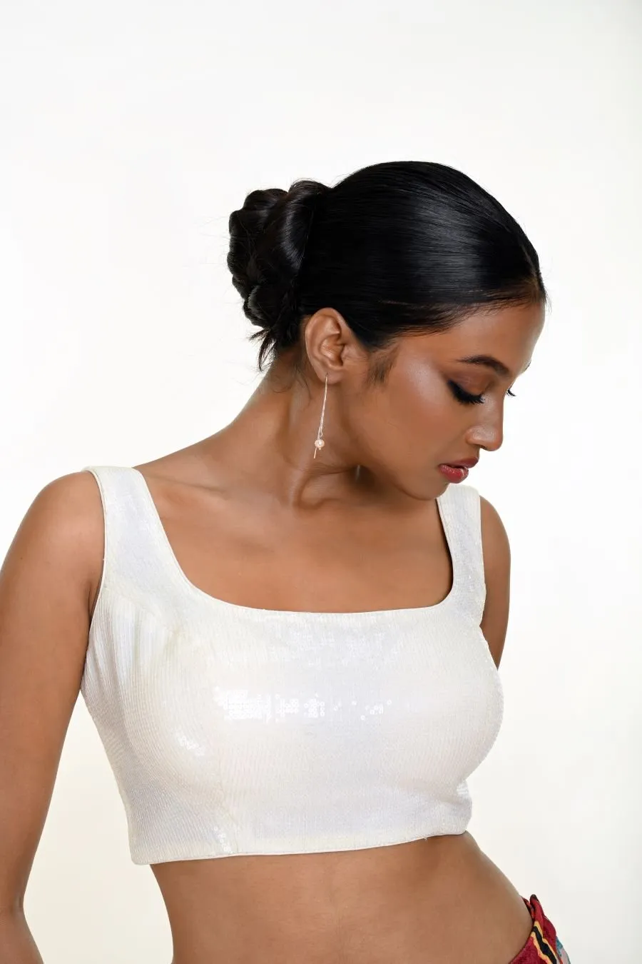 White Sequin Sleeveless Blouse with Square Neckline