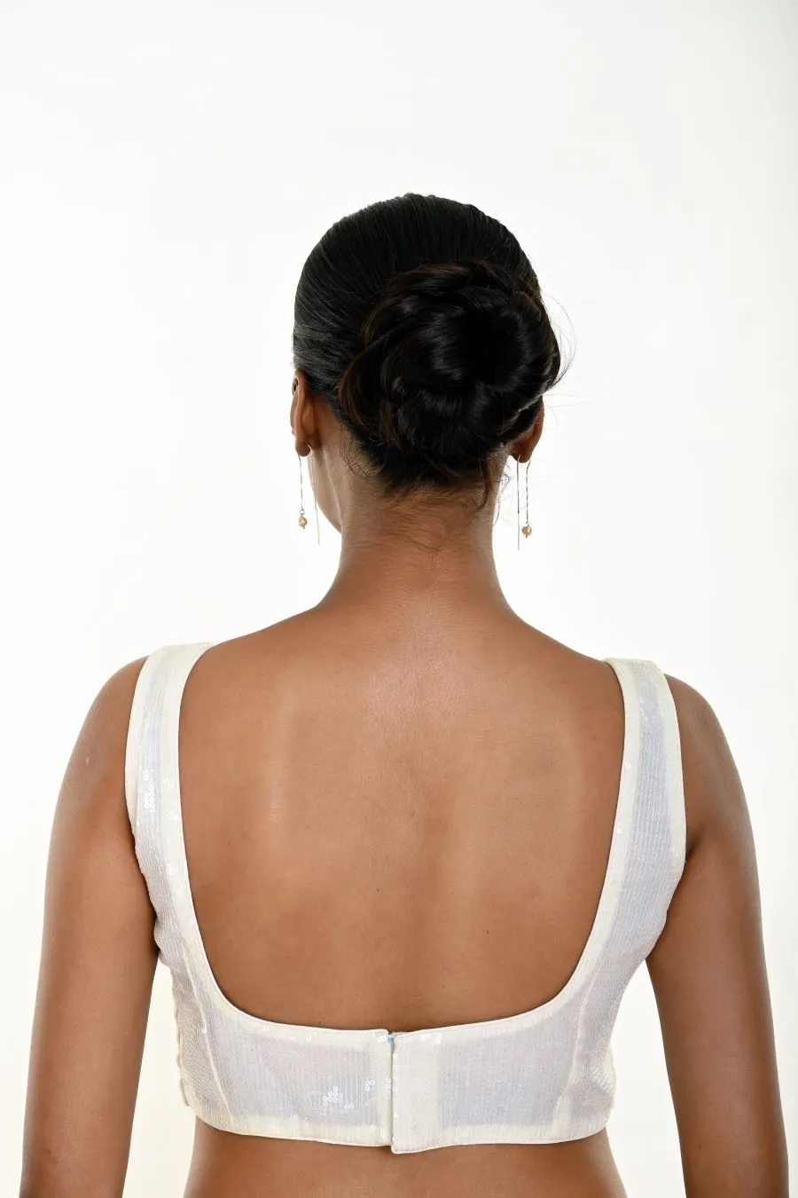 White Sequin Sleeveless Blouse with Square Neckline