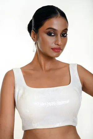 White Sequin Sleeveless Blouse with Square Neckline