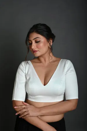 White V Neck Cotton Blouse with Half Sleeves