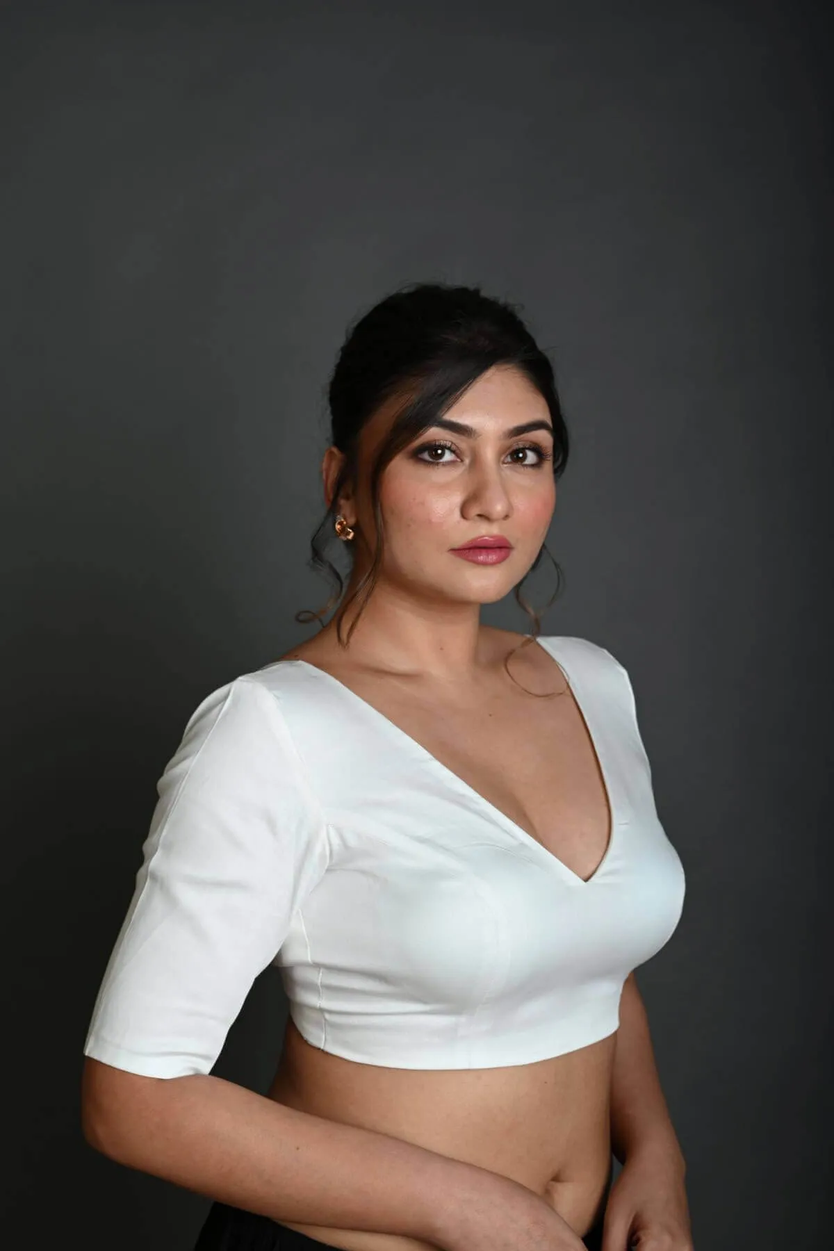 White V Neck Cotton Blouse with Half Sleeves