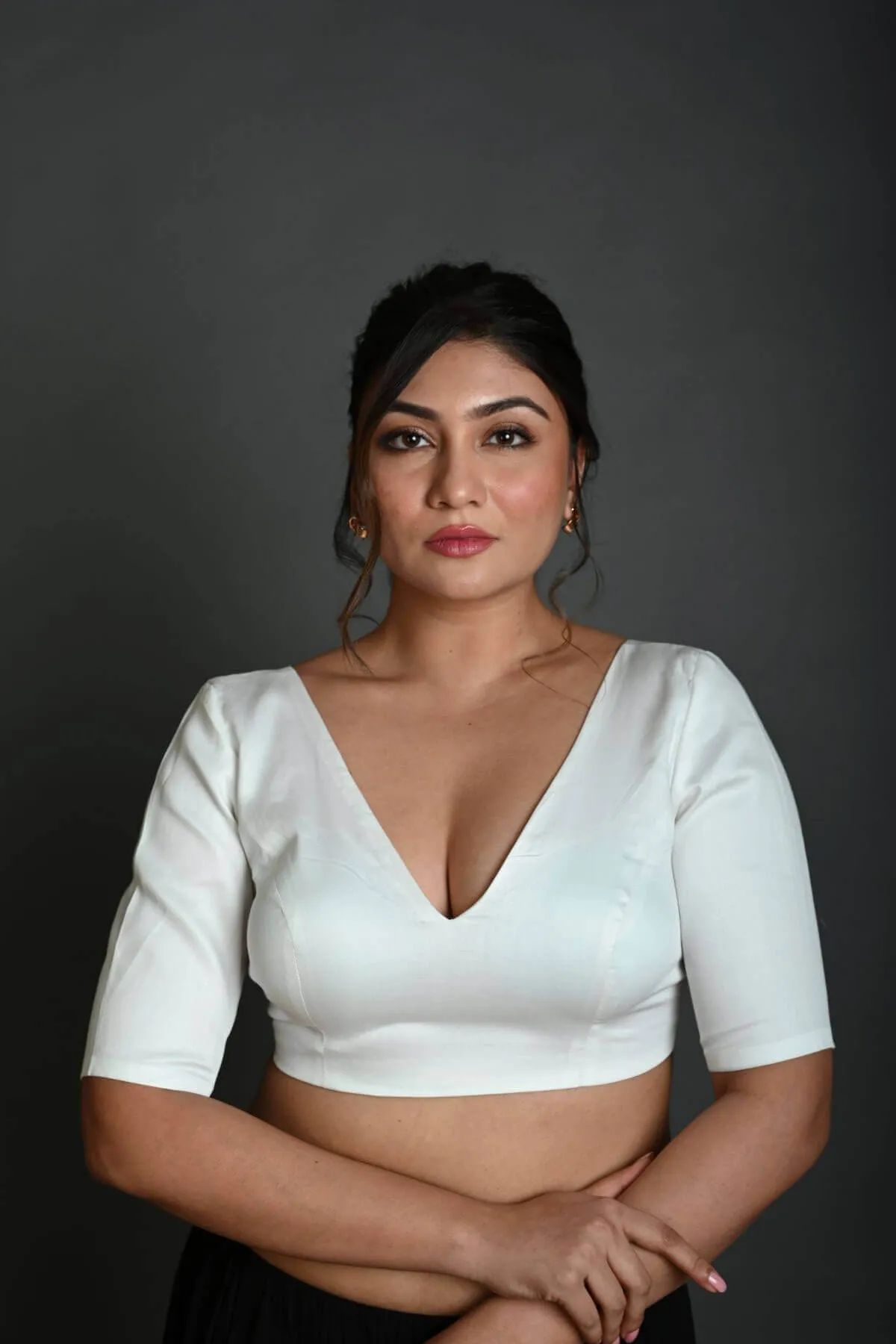 White V Neck Cotton Blouse with Half Sleeves