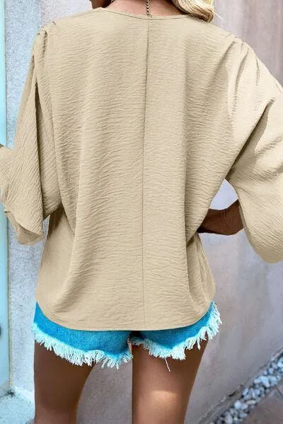 Wide Flutter Three Quarter Sleeve V Neck Blouse