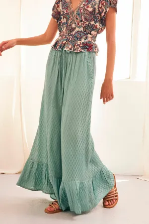 Wide Leg Ruffle Pants - Green