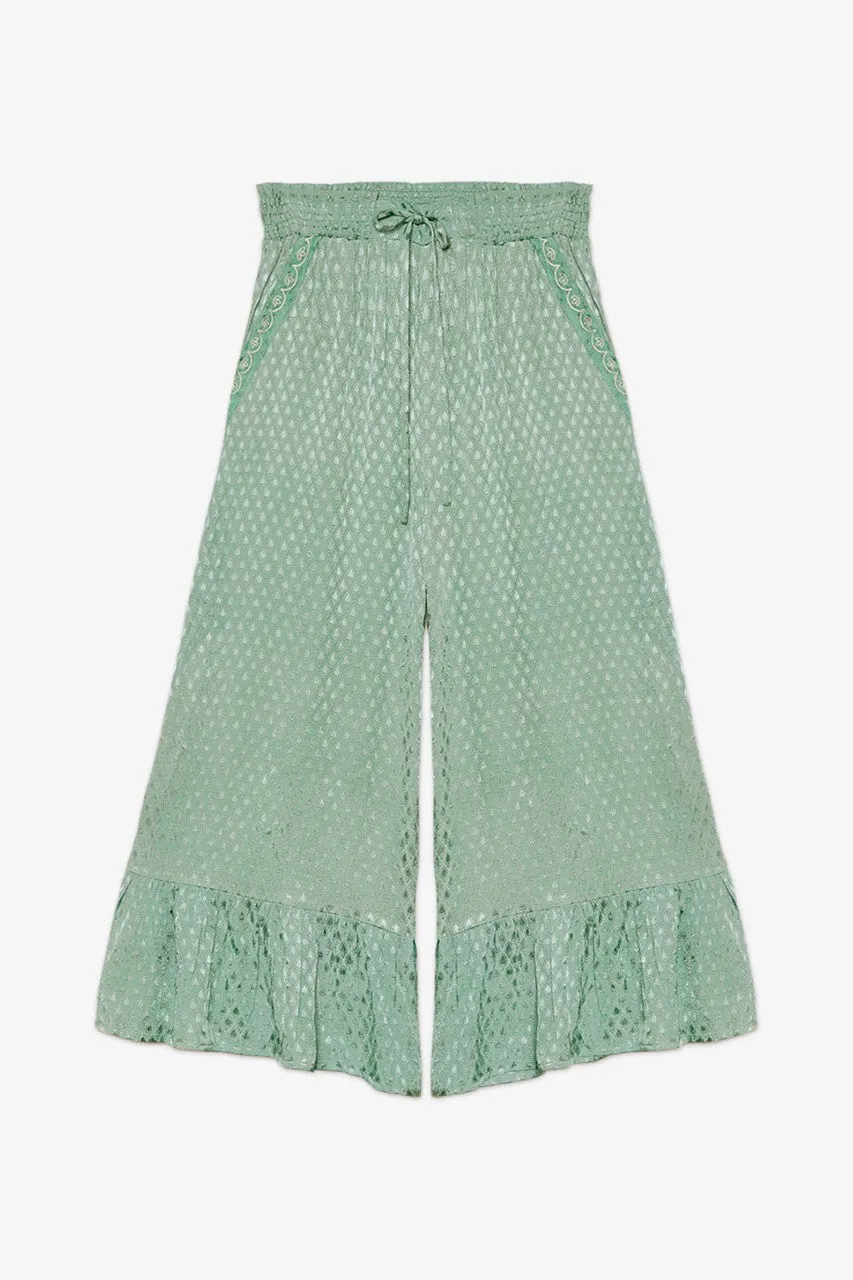 Wide Leg Ruffle Pants - Green