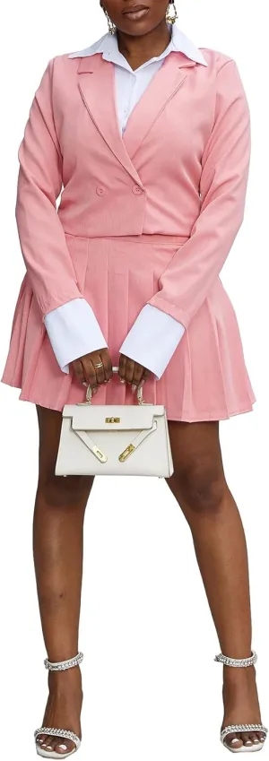 Women 2 Piece Outfits Business Casual Double Breasted Cropped Blazer Jacket and High Waist Pleated Mini Skirt Sets