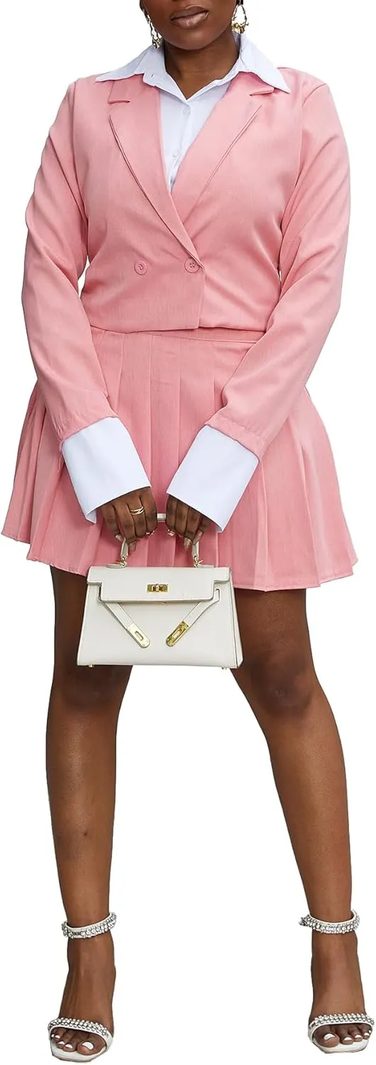 Women 2 Piece Outfits Business Casual Double Breasted Cropped Blazer Jacket and High Waist Pleated Mini Skirt Sets