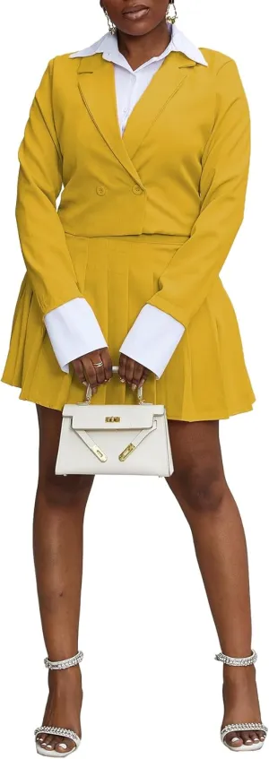Women 2 Piece Outfits Business Casual Double Breasted Cropped Blazer Jacket and High Waist Pleated Mini Skirt Sets