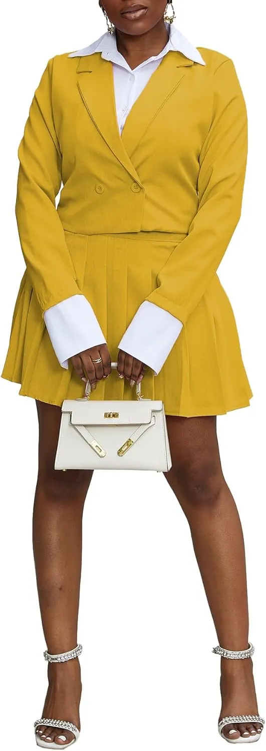 Women 2 Piece Outfits Business Casual Double Breasted Cropped Blazer Jacket and High Waist Pleated Mini Skirt Sets