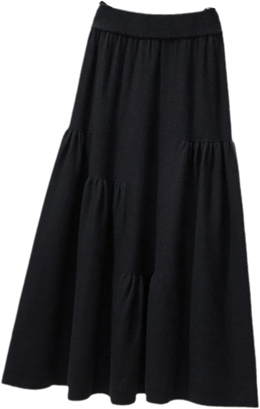 Women Autumn Winter Petal Pleated Knitted Skirt Female High-Waisted Temperament Folds Midi Long Skirts Elegant