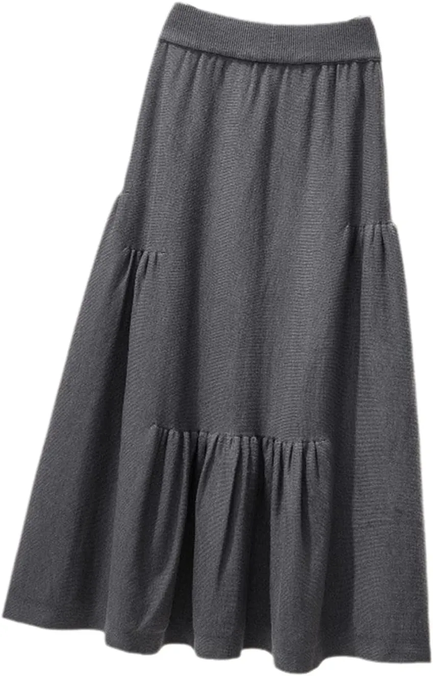 Women Autumn Winter Petal Pleated Knitted Skirt Female High-Waisted Temperament Folds Midi Long Skirts Elegant
