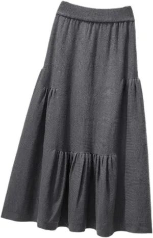 Women Autumn Winter Petal Pleated Knitted Skirt Female High-Waisted Temperament Folds Midi Long Skirts Elegant