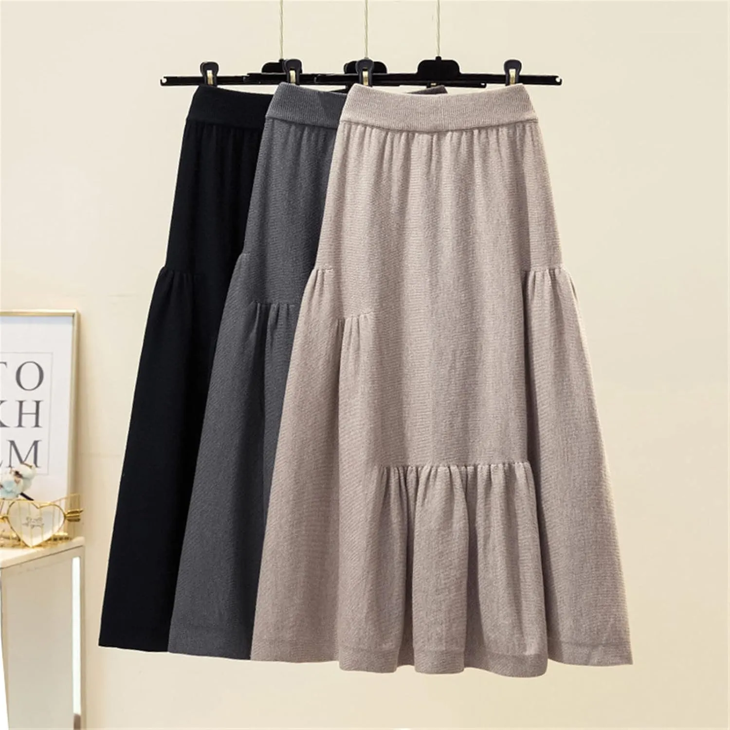 Women Autumn Winter Petal Pleated Knitted Skirt Female High-Waisted Temperament Folds Midi Long Skirts Elegant