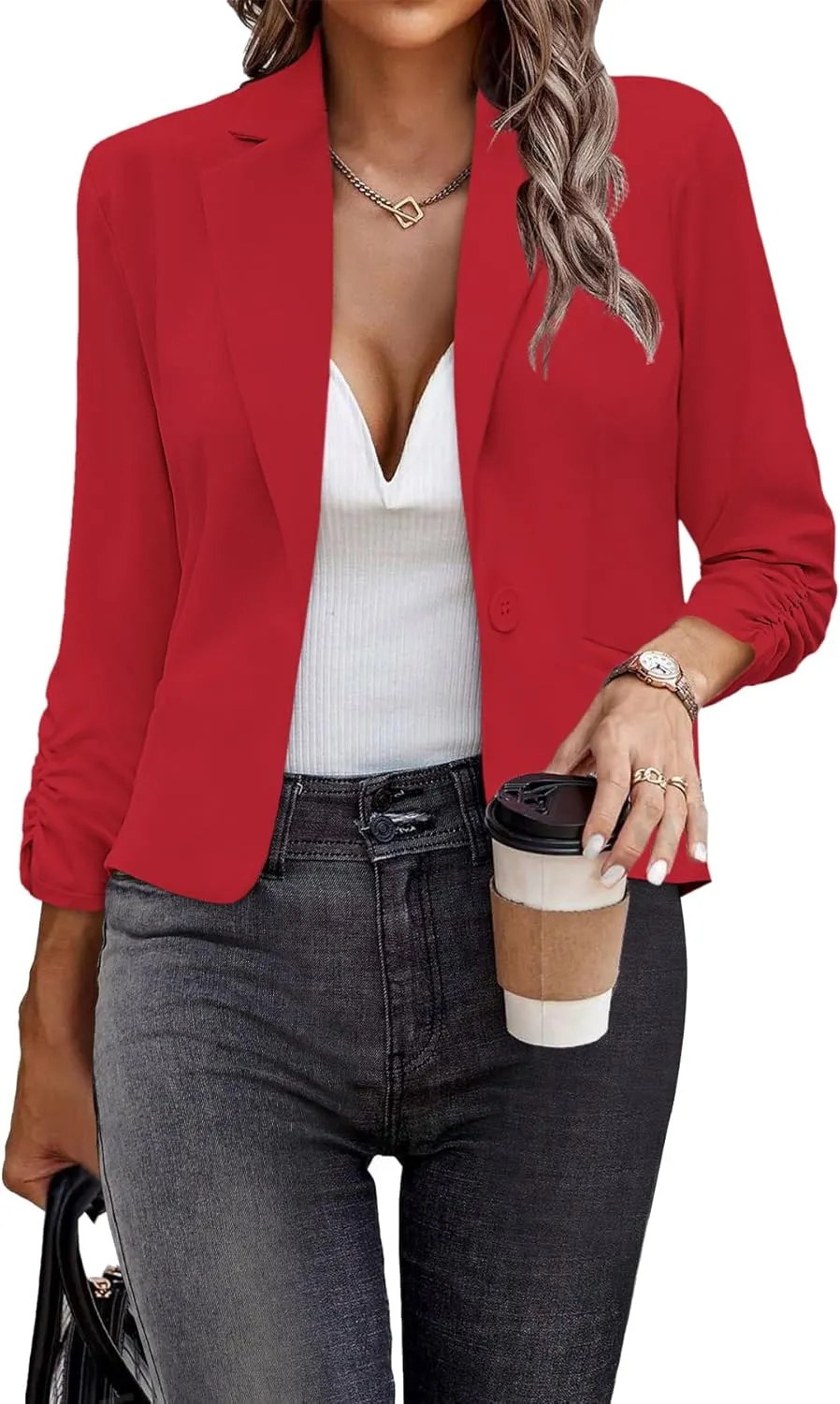 Women Blazers Casual Croppped Cardigan Lightweight 3/4 Sleeve Button Front Knit Blazer Jacket Open Front