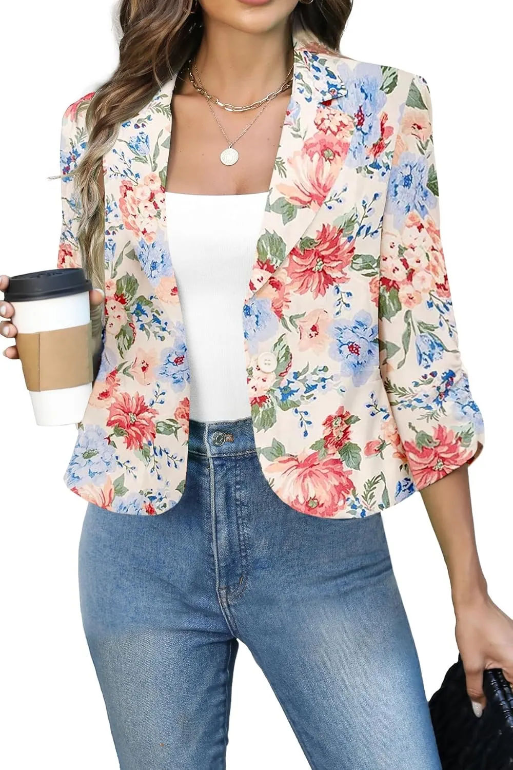 Women Blazers Casual Croppped Cardigan Lightweight 3/4 Sleeve Button Front Knit Blazer Jacket Open Front
