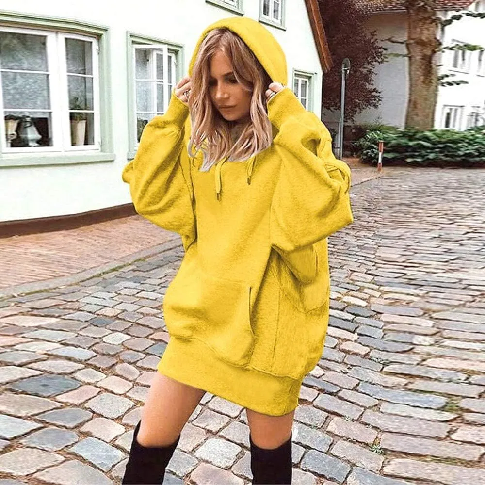 Women Casual Hoodies Long Sleeve Drawstring Hooded Sweatshirts Dress Plus Size Loose Fitting Lightweight Pullover Top
