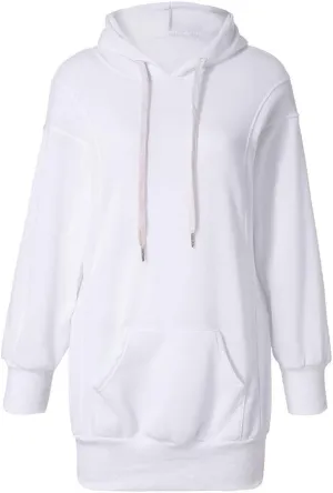 Women Casual Hoodies Long Sleeve Drawstring Hooded Sweatshirts Dress Plus Size Loose Fitting Lightweight Pullover Top