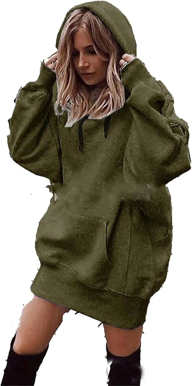 Women Casual Hoodies Long Sleeve Drawstring Hooded Sweatshirts Dress Plus Size Loose Fitting Lightweight Pullover Top
