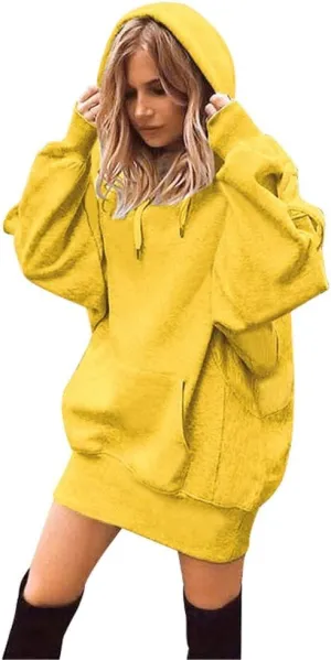 Women Casual Hoodies Long Sleeve Drawstring Hooded Sweatshirts Dress Plus Size Loose Fitting Lightweight Pullover Top
