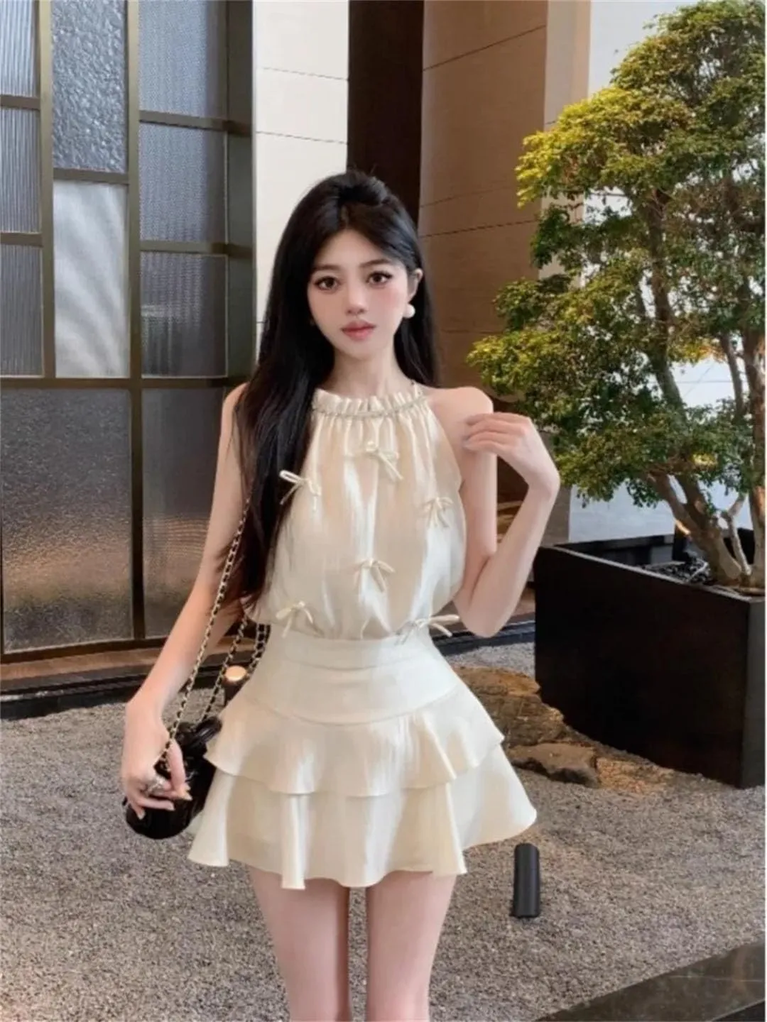 Women Elegant Bowknot Camis Rhinestone Halter Satin Crop Tank Tops Ruffles Mini Skirts