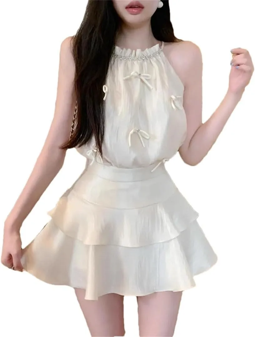 Women Elegant Bowknot Camis Rhinestone Halter Satin Crop Tank Tops Ruffles Mini Skirts