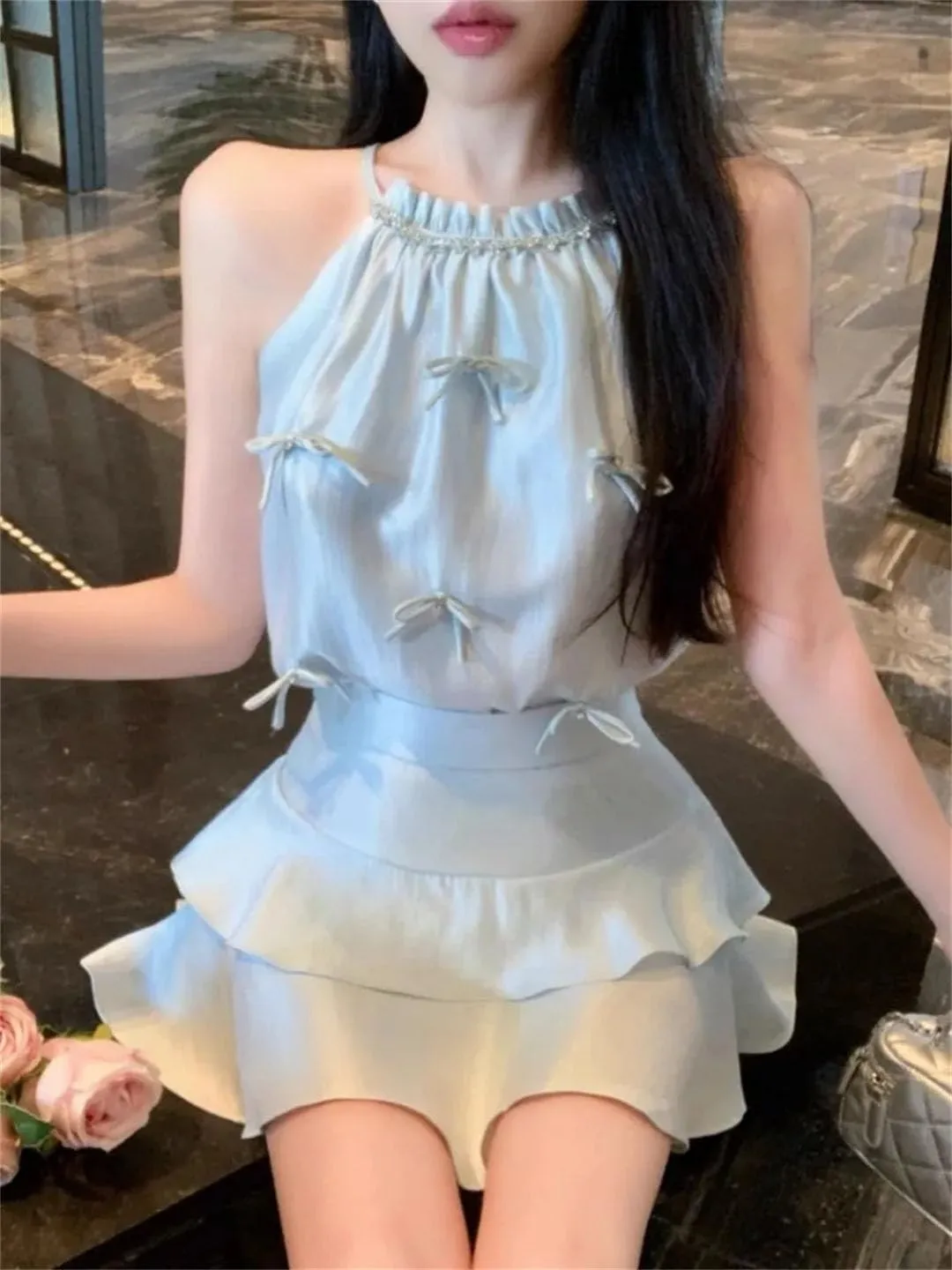 Women Elegant Bowknot Camis Rhinestone Halter Satin Crop Tank Tops Ruffles Mini Skirts