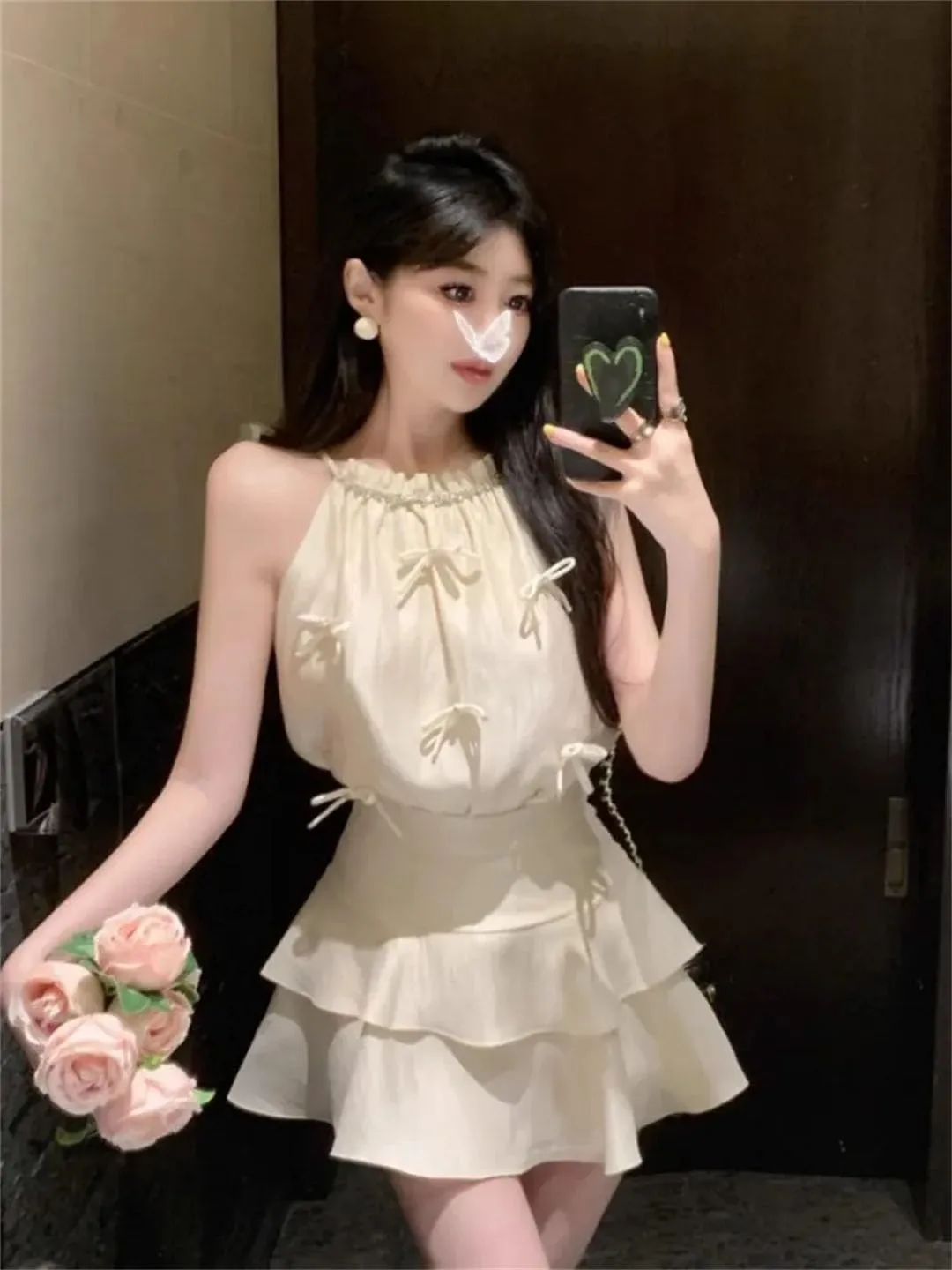 Women Elegant Bowknot Camis Rhinestone Halter Satin Crop Tank Tops Ruffles Mini Skirts