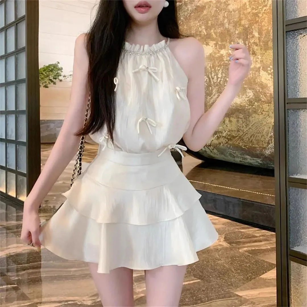 Women Elegant Bowknot Camis Rhinestone Halter Satin Crop Tank Tops Ruffles Mini Skirts