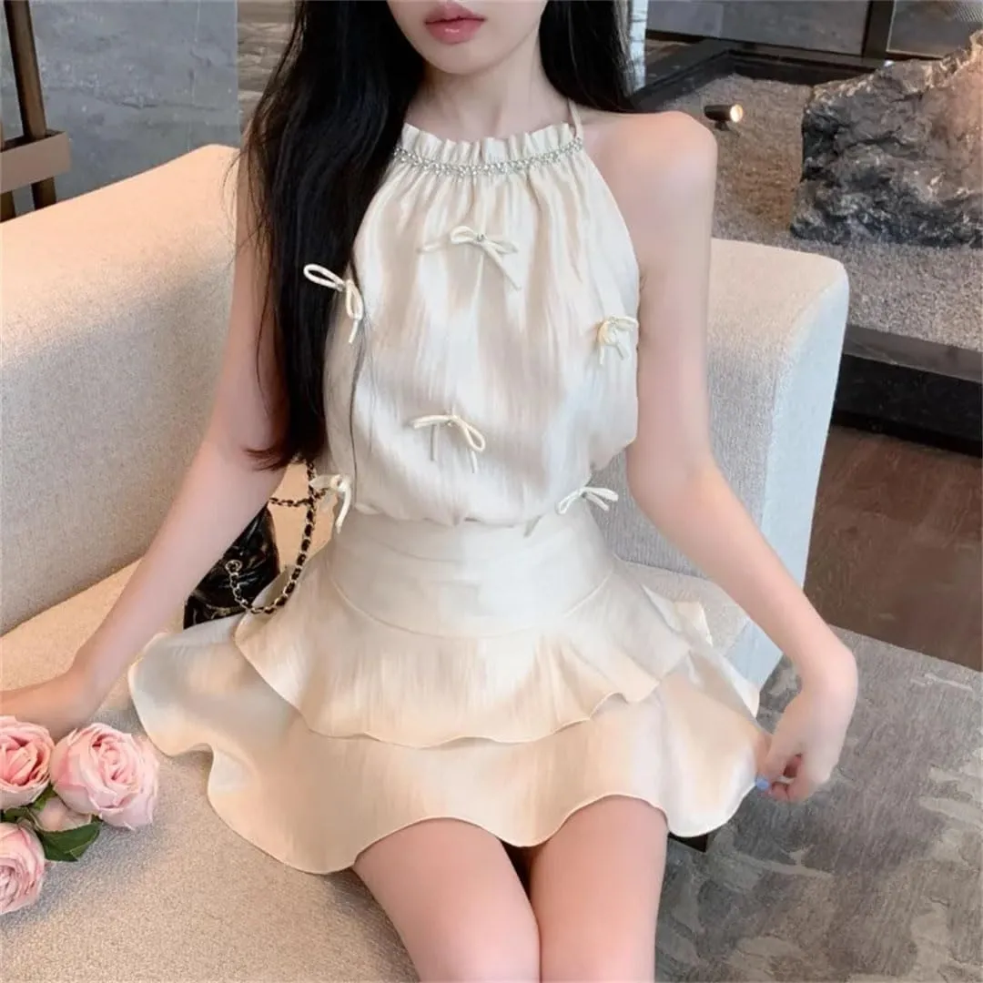 Women Elegant Bowknot Camis Rhinestone Halter Satin Crop Tank Tops Ruffles Mini Skirts