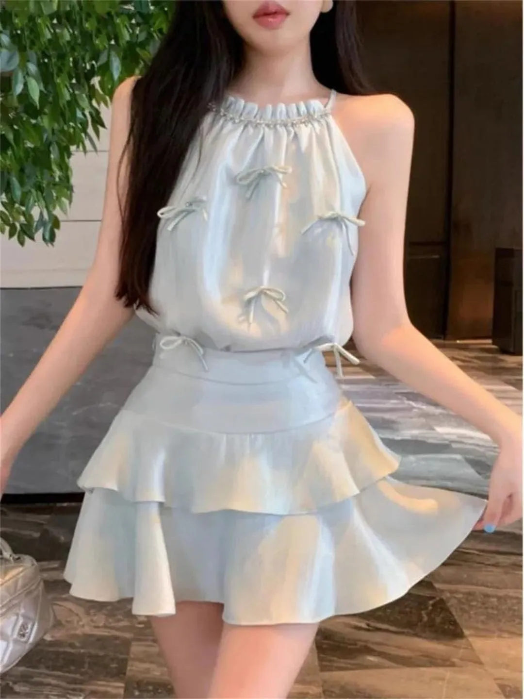 Women Elegant Bowknot Camis Rhinestone Halter Satin Crop Tank Tops Ruffles Mini Skirts