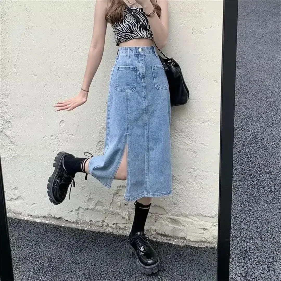 Women Elegant High-Waisted Denim Skirt Side Slit Long Dress for Elastic