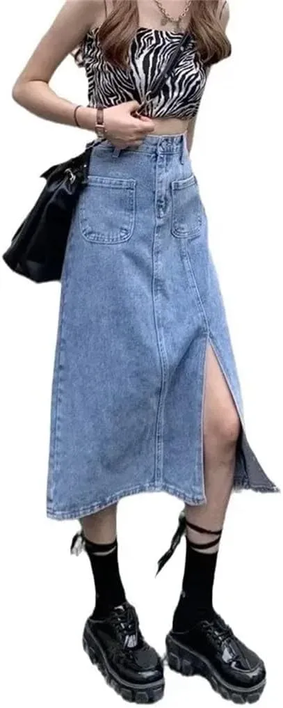 Women Elegant High-Waisted Denim Skirt Side Slit Long Dress for Elastic