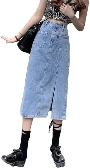 Women Elegant High-Waisted Denim Skirt Side Slit Long Dress for Elastic