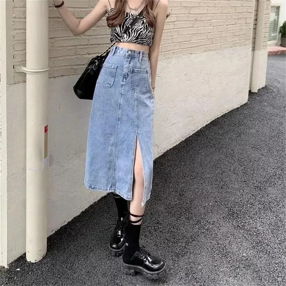 Women Elegant High-Waisted Denim Skirt Side Slit Long Dress for Elastic