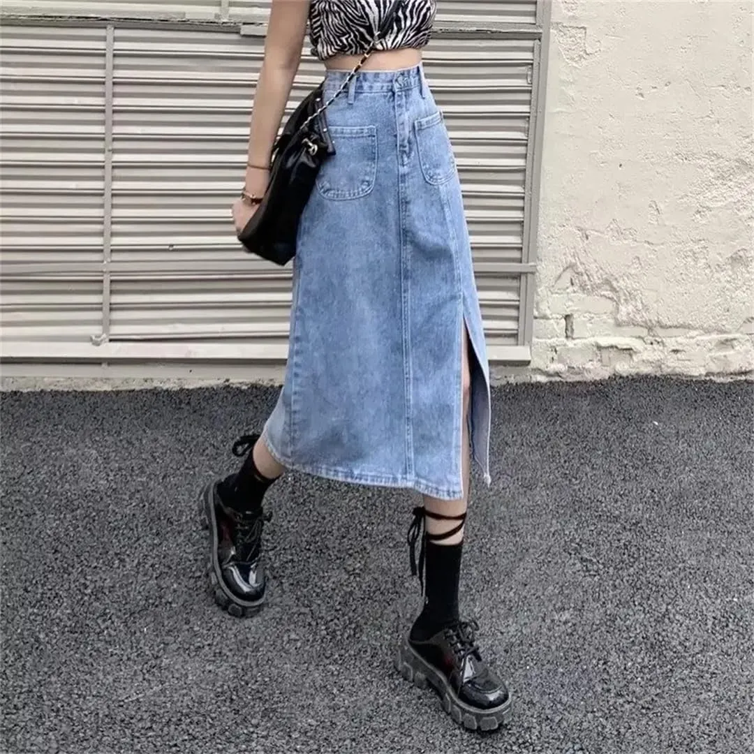 Women Elegant High-Waisted Denim Skirt Side Slit Long Dress for Elastic