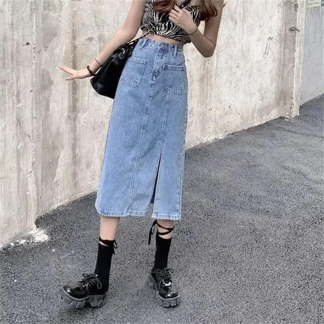 Women Elegant High-Waisted Denim Skirt Side Slit Long Dress for Elastic