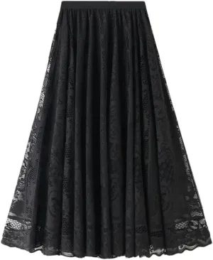 Women Elegant Lace Skirt Solid Color Loose All-Matching Casual A-Line Skirts Hollow-Out Midi Pleated Skirts