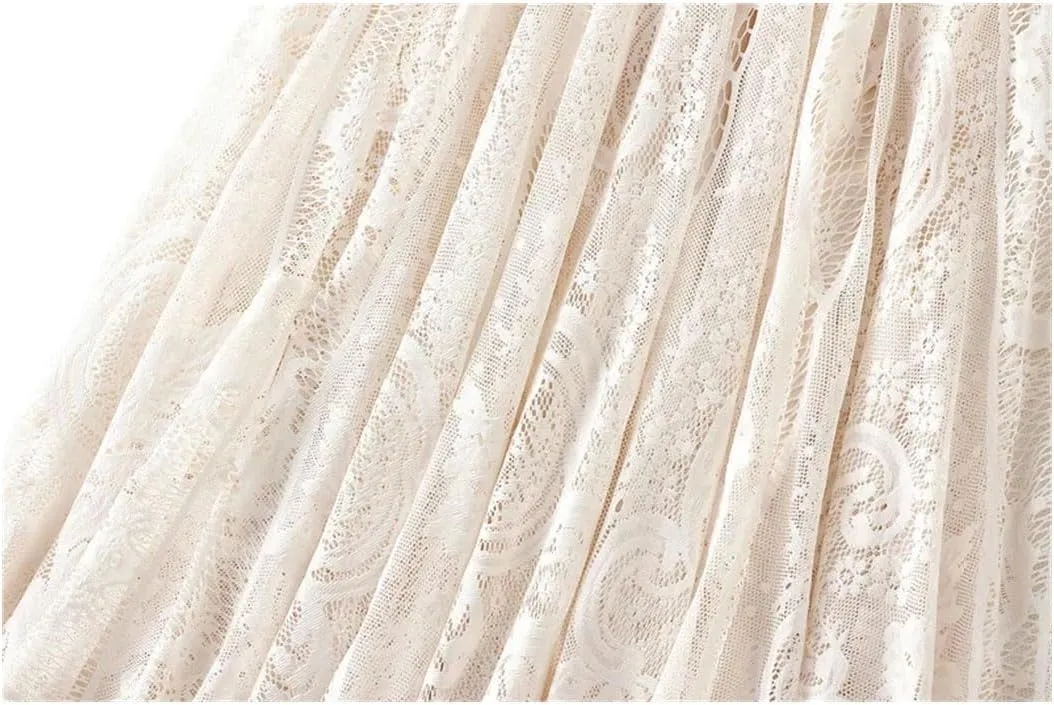 Women Elegant Lace Skirt Solid Color Loose All-Matching Casual A-Line Skirts Hollow-Out Midi Pleated Skirts