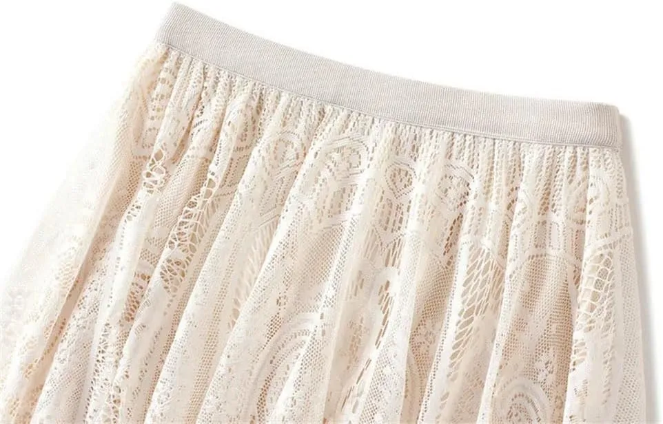 Women Elegant Lace Skirt Solid Color Loose All-Matching Casual A-Line Skirts Hollow-Out Midi Pleated Skirts