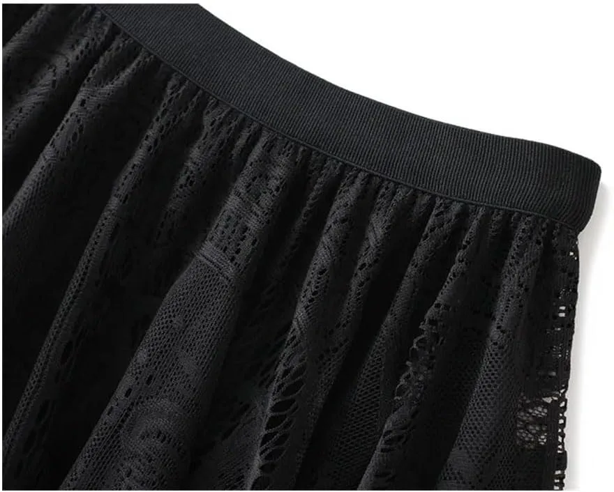 Women Elegant Lace Skirt Solid Color Loose All-Matching Casual A-Line Skirts Hollow-Out Midi Pleated Skirts
