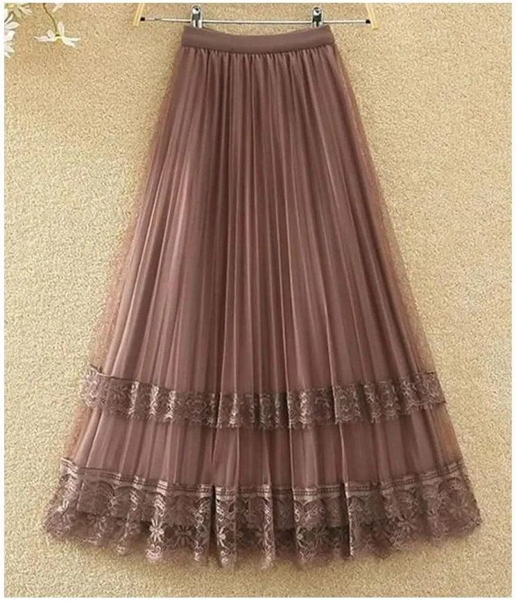 Women Fashion Lace Patchwork Pleated Skirt Spring Summer Elegant High Waist A-Line Midi Skirt Mesh Tulle Skirt
