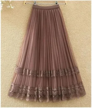 Women Fashion Lace Patchwork Pleated Skirt Spring Summer Elegant High Waist A-Line Midi Skirt Mesh Tulle Skirt