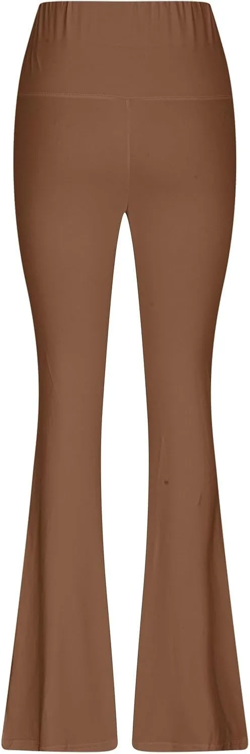 Women High Waist Pants Casual Stretchy Solid Color Sports Trousers Tight Fitting Hip Shaping Flared Pants