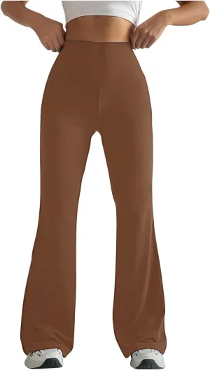 Women High Waist Pants Casual Stretchy Solid Color Sports Trousers Tight Fitting Hip Shaping Flared Pants