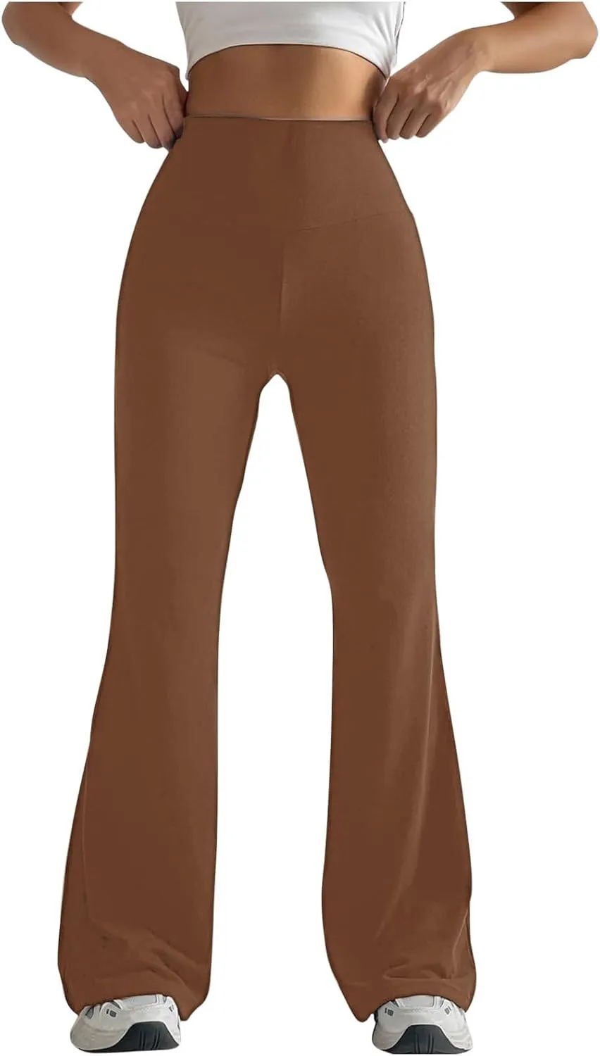 Women High Waist Pants Casual Stretchy Solid Color Sports Trousers Tight Fitting Hip Shaping Flared Pants