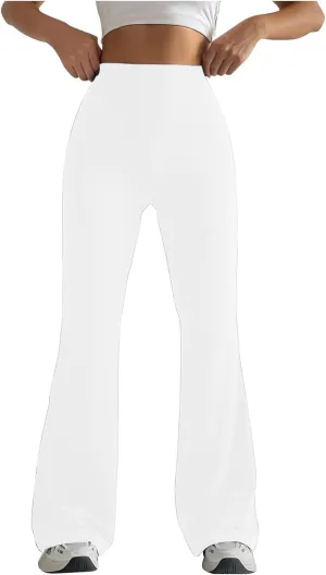 Women High Waist Pants Casual Stretchy Solid Color Sports Trousers Tight Fitting Hip Shaping Flared Pants