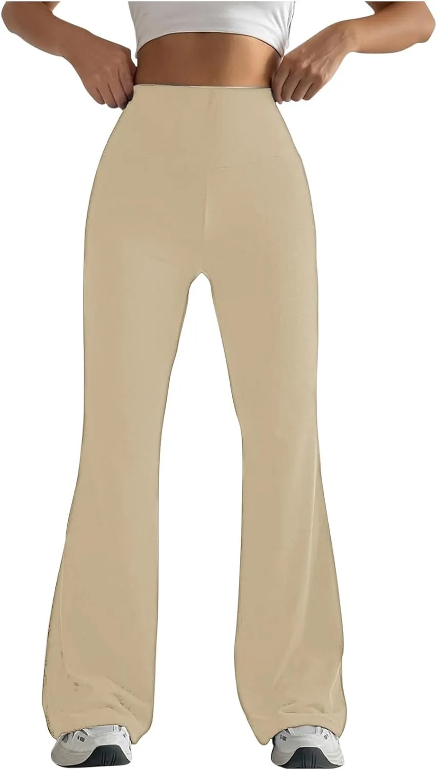 Women High Waist Pants Casual Stretchy Solid Color Sports Trousers Tight Fitting Hip Shaping Flared Pants