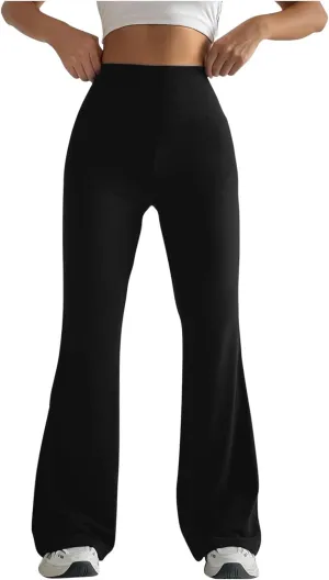 Women High Waist Pants Casual Stretchy Solid Color Sports Trousers Tight Fitting Hip Shaping Flared Pants